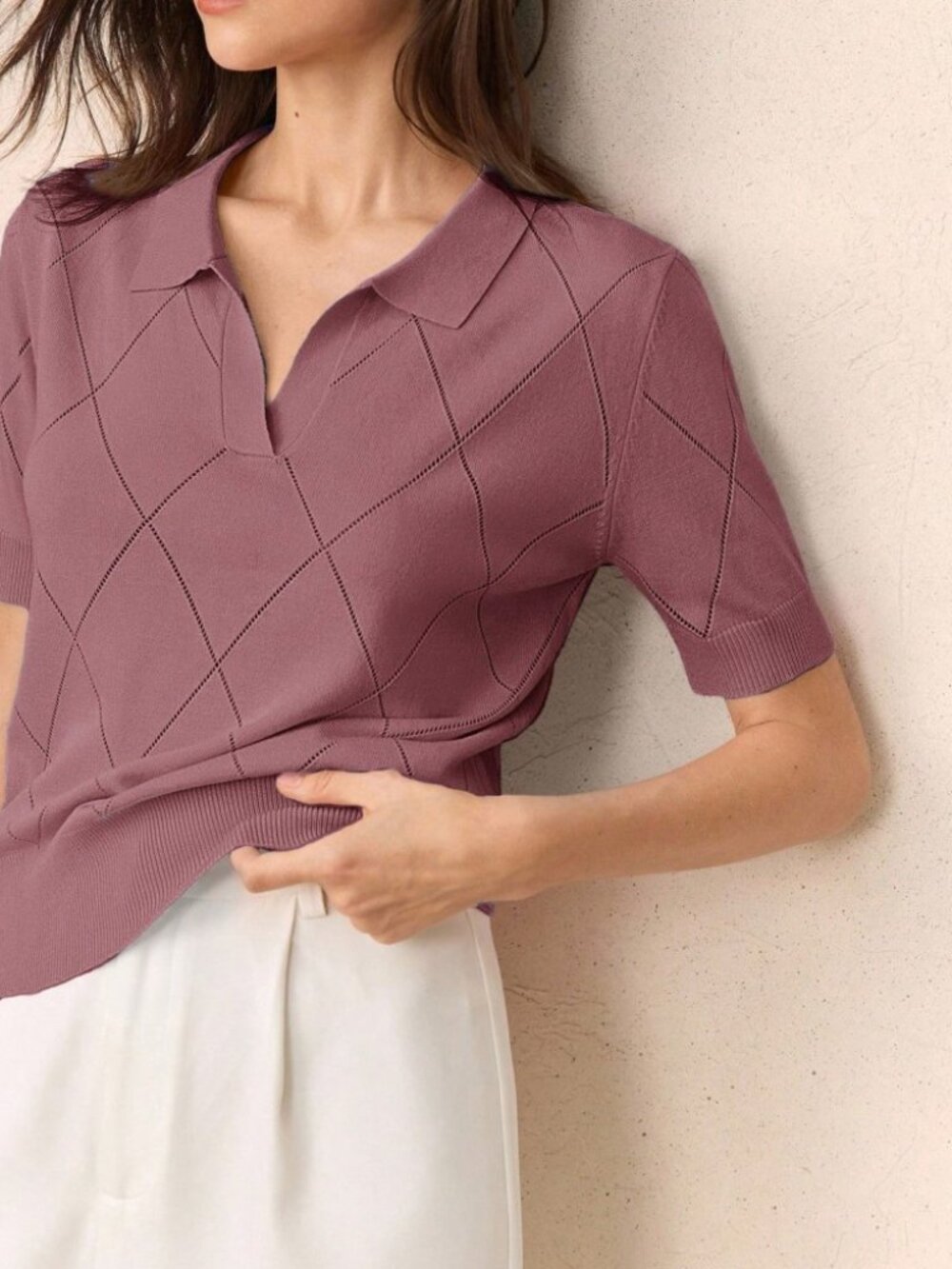 Mauve Pink Pointelle Knit Polo Top